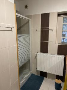 a bathroom with a shower with a glass door at maison aux volets bleus in Quévert