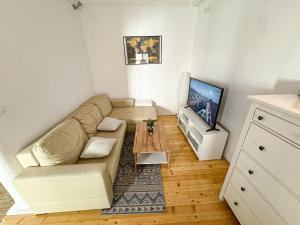 a living room with a couch and a tv at The North Apartment in Ljubljana