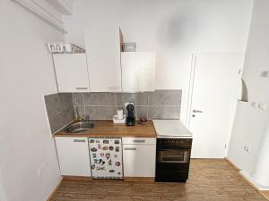 a small kitchen with white cabinets and a sink at The North Apartment in Ljubljana