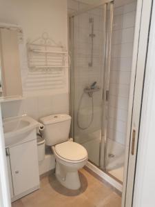 Un baño blanco con inodoro y ducha. en Jas de Marripey, en Les Arcs sur Argens