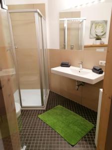 a bathroom with a sink and a shower with a green rug at Haus Miriam in Mieming