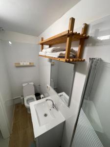 a small bathroom with a sink and a toilet at Spring-shell in Beer Sheva