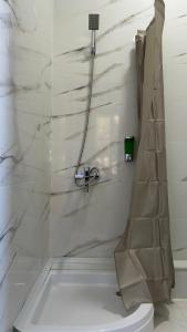 uma casa de banho branca com um chuveiro e um WC. em Green bunny guesthouse em Martvili