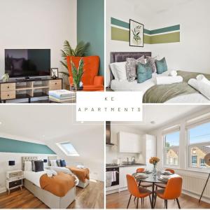 a collage of photos of a bedroom and a living room at 2 Bed Duplex Apartment in Wimbledon in London