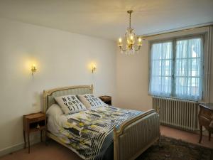 Schlafzimmer mit einem Bett und einem Kronleuchter in der Unterkunft Ambiance château de la Loire in Montrichard