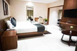 ein Hotelzimmer mit einem Bett und einem TV in der Unterkunft Hotel SUI in Guwahati