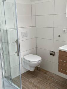 a bathroom with a toilet and a glass shower at Kälberstall in Zetel