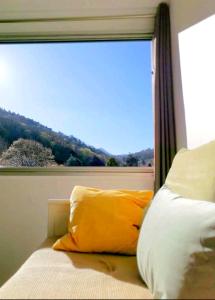 a bed with a large window in a bedroom at F2 Lumineux avec vue- Puy-de-Dôme à 10 min - Parking gratuit in Royat
