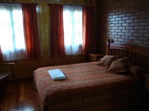a bedroom with a large bed with two windows at Toucan Lodge in Puerto Iguazú