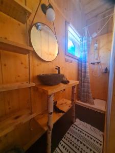 uma pequena casa de banho com um lavatório e um espelho em Le Chalet Du Blanc Spa yoga em Aillon-le-Jeune