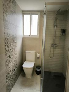 a bathroom with a toilet and a shower with a window at La casita de Lyra in Granada