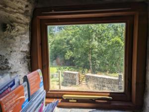 a window with a view of a garden outside at Troedyrhiw Holiday Cottages in Cardigan