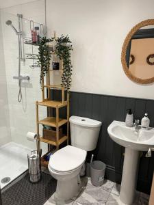 La salle de bains est pourvue de toilettes et d'un lavabo. dans l'établissement Modern and Spacious 2 Bedroom Flat near Shoreditch, à Londres