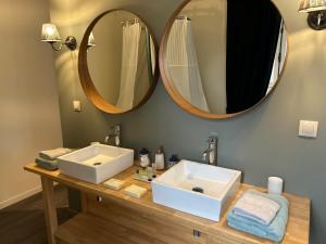 a bathroom with two sinks and two mirrors at Le Manoir du Ribardon in Neuvy-au-Houlme