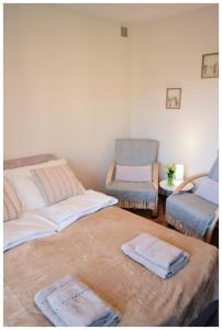 sypialnia z 2 łóżkami i krzesłem w obiekcie Color 24 Apartament V w mieście Stalowa Wola