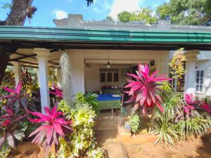 ein Haus mit rosa Pflanzen davor in der Unterkunft Goalma Family Holiday Resort & Restaurant in Anuradhapura