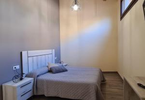 1 dormitorio con 1 cama, mesita de noche y ventana en Apartamentos La Era de Pasé, en Sopeira