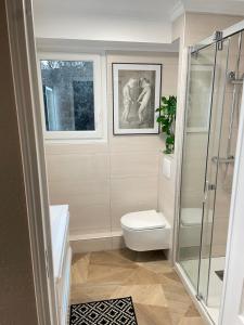 a bathroom with a toilet and a glass shower at STUDIO SUR LA PROMENADE DES ANGLAIS AVEC VUE MER ORIGINALE À 40 m DE LA PLAGE in Nice