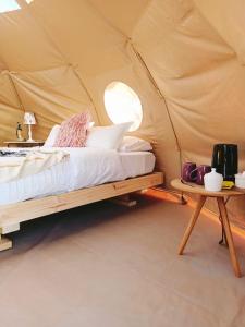 ein Bett in einem Zelt mit einem Laptop darauf in der Unterkunft aGlampar Toto Península Beach in Coquimbo