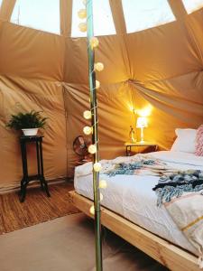 um quarto com uma cama numa tenda em aGlampar Toto Península Beach em Coquimbo