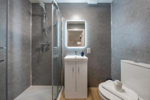 a bathroom with a shower and a sink and a toilet at Modern Stylish 2 bedroom apartment in the heart of Potters Bar in Potters Bar +14 photos