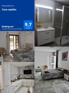 un collage de tres fotos de un baño y un dormitorio en Casa capitán, en Fuengirola