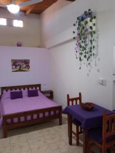 un dormitorio con una cama y una mesa en Violeta Monoambiente, en Salta