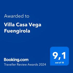 Ett certifikat, pris eller annat dokument som visas upp på Villa Casa Vega Fuengirola