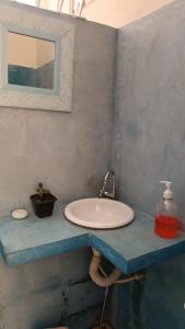 a bathroom with a sink on a blue counter at Chácara das Pedras in Taubaté