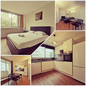 a collage of pictures of a bedroom and a kitchen at T3 Villeurbanne avec balcon in Villeurbanne