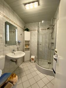 Burgtiefe auf Fehmarn にあるSuedstrand-Ferienwohnung-Suhrの白いバスルーム(シャワー、シンク付)