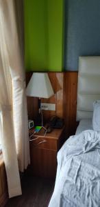 - une chambre avec un lit et un bureau avec une lampe dans l'établissement HOTEL MOUNT ROYALE Darjeeling, à Darjeeling