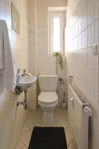 a white bathroom with a toilet and a sink at Stodolní Apartment in Ostrava