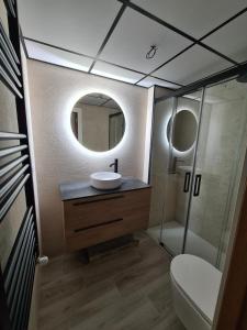 a bathroom with a sink and a toilet and a mirror at Acogedor apartamento con vistas a la basílica y 2 plazas de garaje in Zaragoza