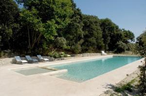 una piscina con 2 tumbonas y árboles en Appart Hôtel - Nature et Spa, en Aurons