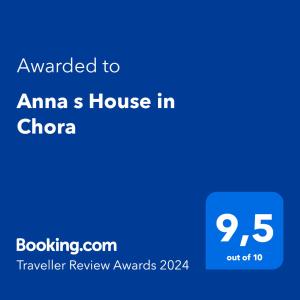 Certifikát, ocenenie alebo iný dokument vystavený v ubytovaní Anna s House in Chora