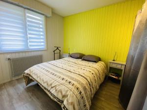 1 dormitorio con cama y pared amarilla en Chez Manu en Rodez