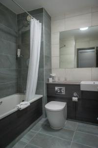 a bathroom with a toilet and a tub and a sink at Maldron Hotel Pearse Street in Dublin