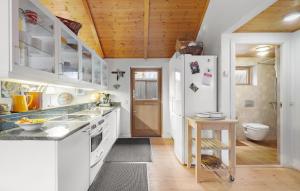 a kitchen with white appliances and a wooden ceiling at 4 Bedroom Beautiful Home In Nykøbing Sj in Nykøbing Sjælland +14 photos