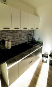 a kitchen with white cabinets and a sink at Apartment Horizont in Bad Sachsa