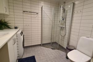 a bathroom with a shower and a toilet and a sink at Sjarmerende leilighet i Oslo in Oslo