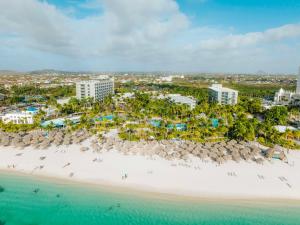 Hilton Aruba Caribbean Resort & Casino في شاطئ بالم إيغل: إطلالة جوية على الشاطئ في منتجع بامتياز بونتا كانا