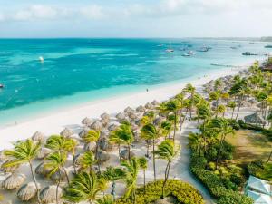 een luchtzicht op een strand met palmbomen en de oceaan bij Hilton Aruba Caribbean Resort & Casino in Palm-Eagle Beach