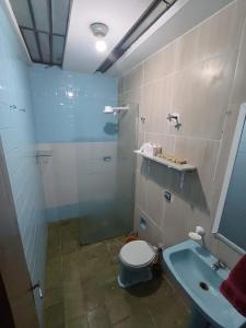 a bathroom with a shower and a toilet and a sink at Vila Olímpia - Econômica in Sao Paulo