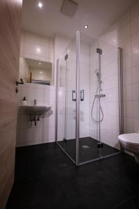 uma casa de banho com um chuveiro e um lavatório. em Stadtplatz23 B&B em Bogen