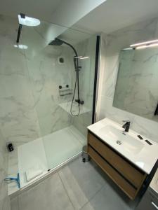 een witte badkamer met douche en wastafel bij Splendide 70m2 Balcon + Parking in Clermont-Ferrand +12 foto's