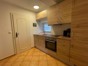 a kitchen with wooden cabinets and a stove top oven at Immensee App A in Ehst
