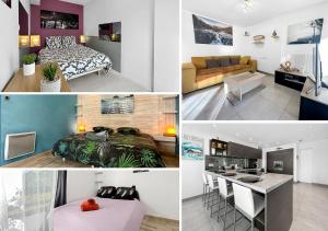 eine Collage mit Fotos von einem Schlafzimmer und einem Wohnzimmer in der Unterkunft Annecy Élégance in Meythet