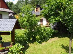 ein Haus mit einem Garten mit einem Baum davor in der Unterkunft Domeček Karlov in Malá Morávka