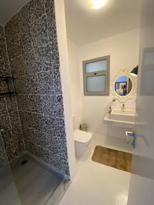 a bathroom with a shower and a toilet and a sink at Swan Lake Crystal Lagoon View Chalet in Hurghada